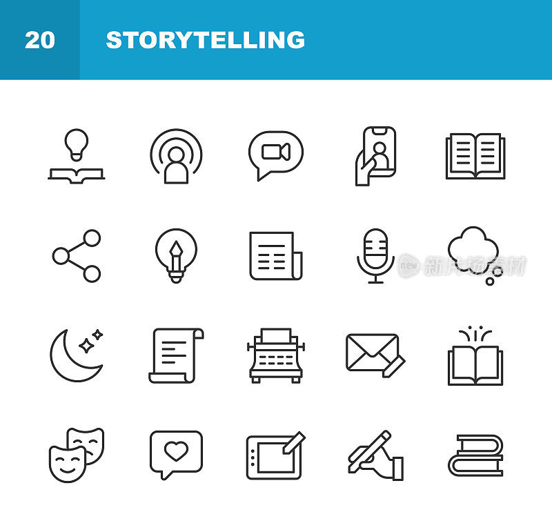 故事线图标。可编辑的笔画，包括艺术，文章，音频，书籍，品牌，电影院，营销，麦克风，电影，音乐，报纸，摄影，播放，播客，短信，剧院，打字机，视频，写作，故事，故事等图标。