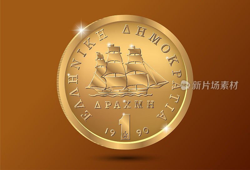 希腊货币金币，德拉克马与船的形象。向量。