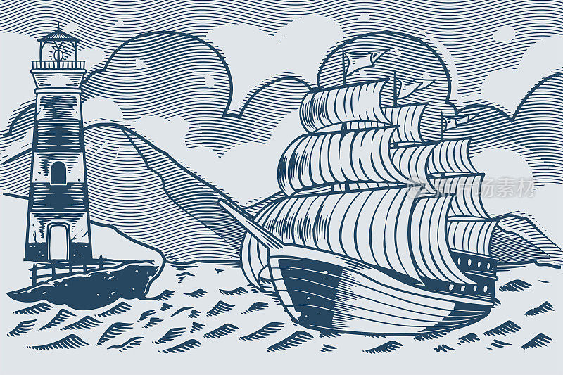 手绘古董帆船，灯塔大海。