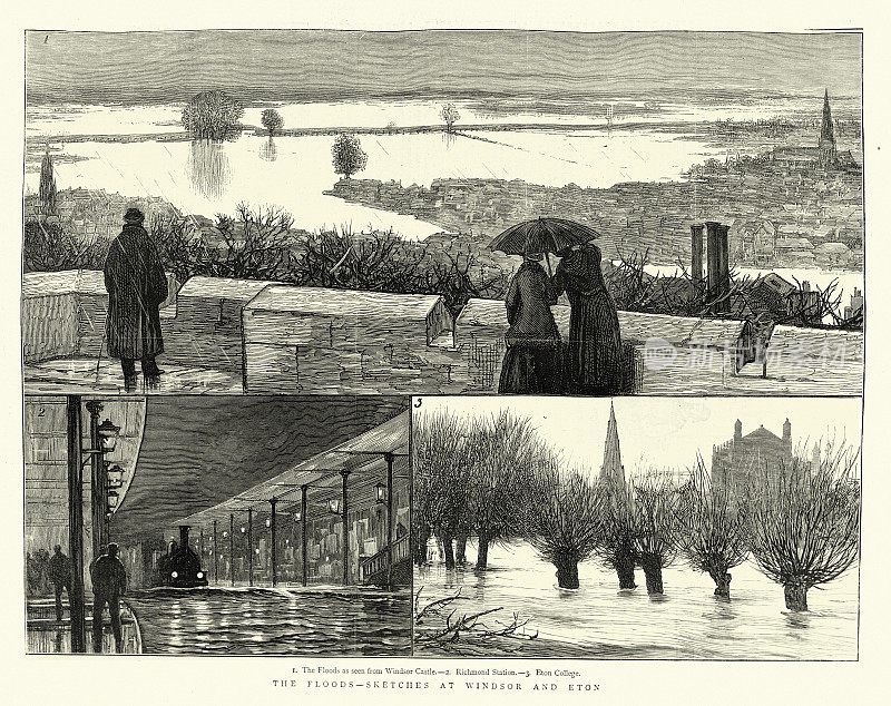 恶劣天气，温莎和伊顿的洪水，1877年，从温莎城堡，里士满站，伊顿学院，19世纪