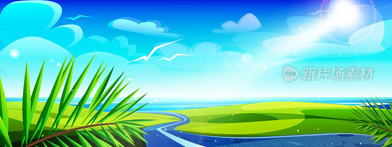卡通风格的公路旅行和海滩度假概念。阳光明媚的夏季景观与柏油路通往大海。