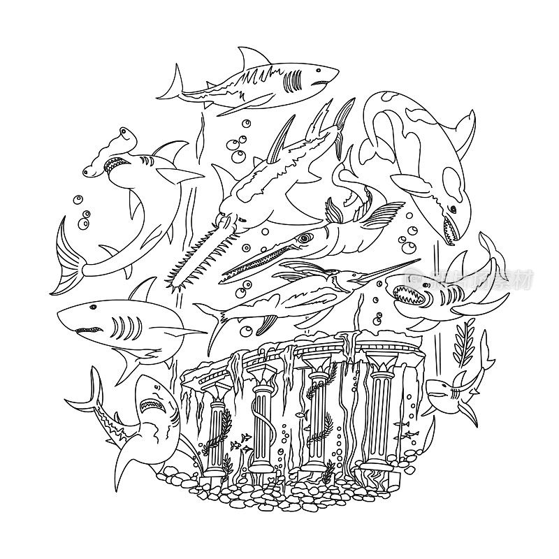 鱼,鲨鱼和古代遗迹,海洋生物,水下海景,水下世界,鱼,宝藏涂鸦