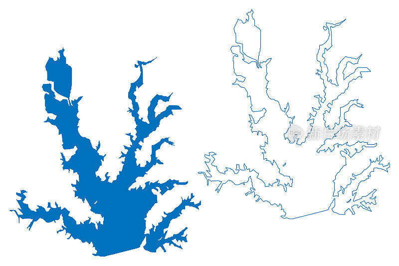 刘易斯维尔湖水库(美利坚合众国，北美，美国，美国，德克萨斯州)地图矢量插图，潦草素描加尔萨-小榆树坝地图