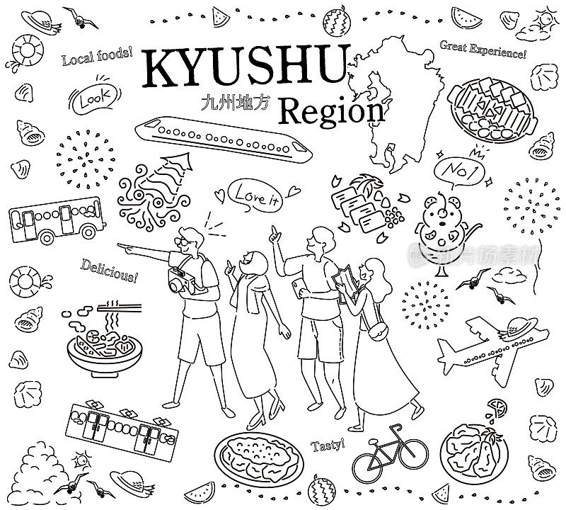 在日本九州地区享受夏季美食旅游的游客，一组图标(黑白线条画)