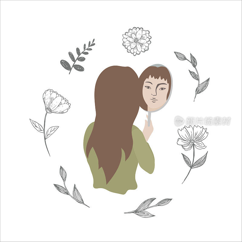 棕色头发的女人长飘飘的头发拿着镜子在一个圆框架的花和树枝-平面矢量插图。内省的概念，反思，春天的觉醒，