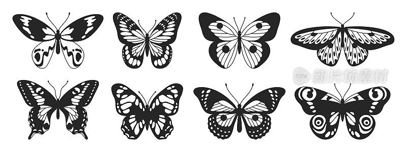 蝴蝶第六套黑白相间的翅膀在波浪线条和有机形状的风格。Y2k美学，纹身轮廓，手绘贴纸。矢量图形在时尚的复古2000年代的风格