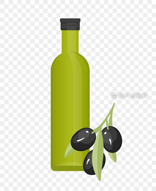 玻璃瓶装橄榄油与黑橄榄插图。黑橄榄树枝与橄榄蔬菜树果实矢量设计。特级初榨橄榄油