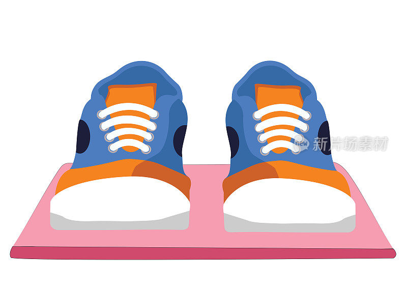 男士时尚鞋前视图，经典鞋款设计。一双蓝色和橙色的胶鞋或溜冰鞋的矢量。时尚男鞋，乐福鞋，运动鞋，船鞋，匡威或运动鞋