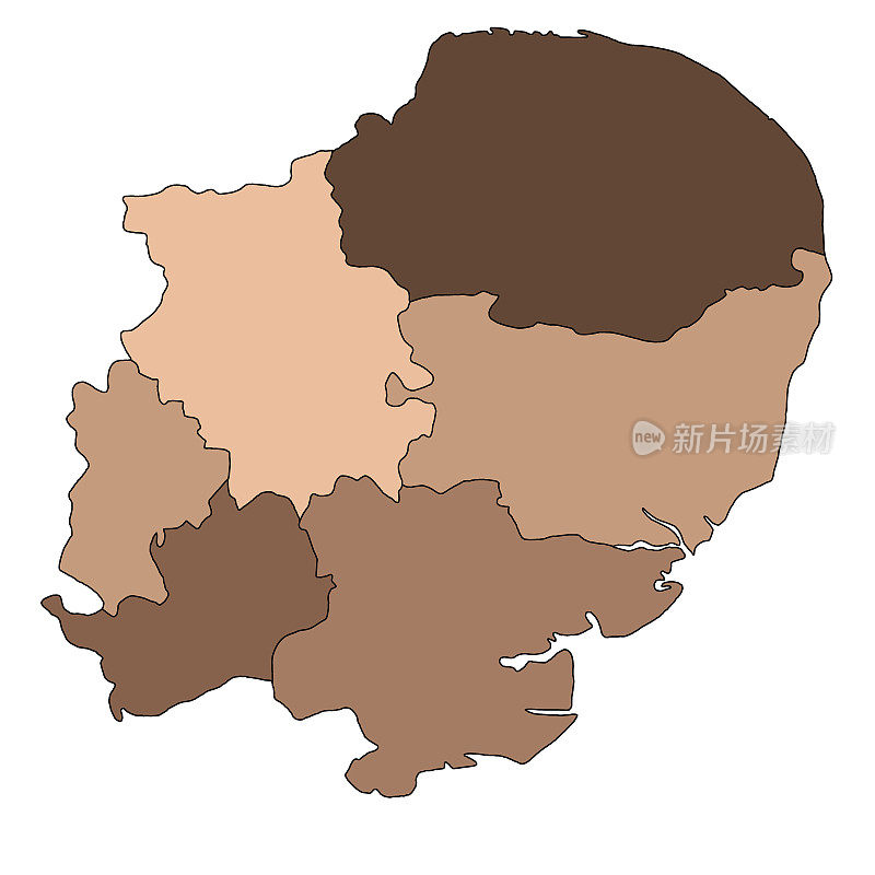 棕色英格兰东部的行政和政治地图。uk，联合王国，英国