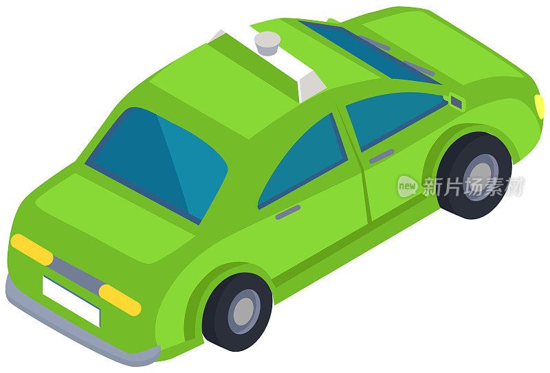 绿色无线连接汽车行驶在道路上。自动驾驶交通工具的旅行和城市旅行。等距汽车