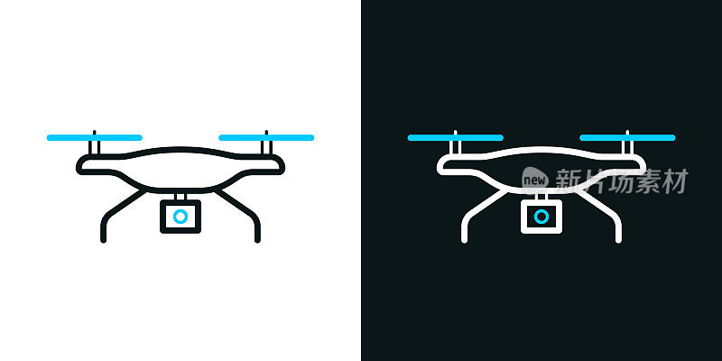 带摄像头的无人机。黑色或白色背景上的双色线条图标-可编辑笔触