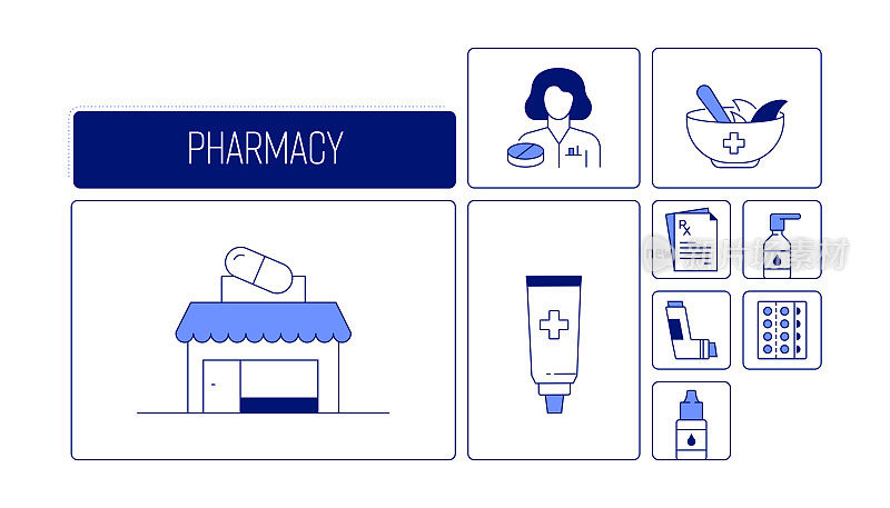 药房相关的矢量横幅设计概念，现代线条风格与图标