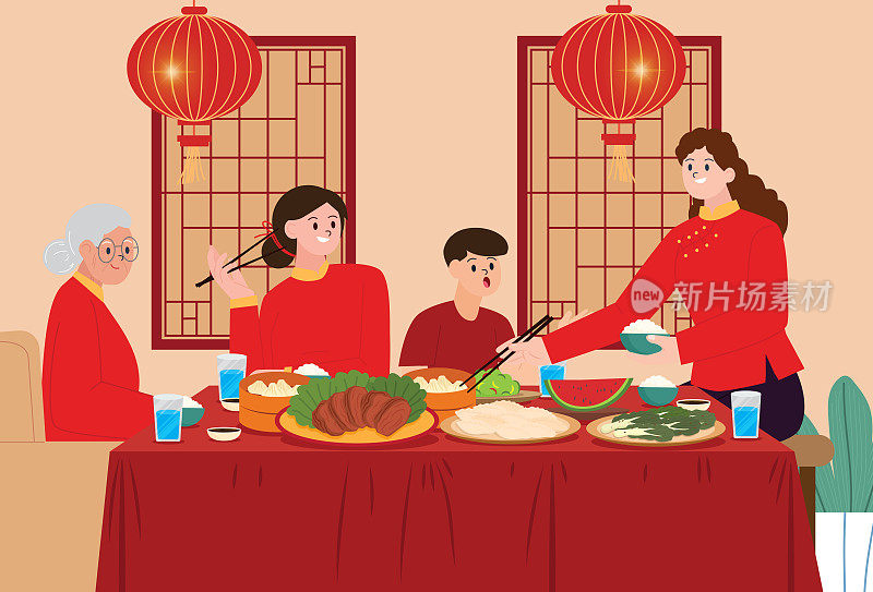 春节团圆饭插图。一家人在除夕吃团圆饭。家庭年夜饭年夜饭