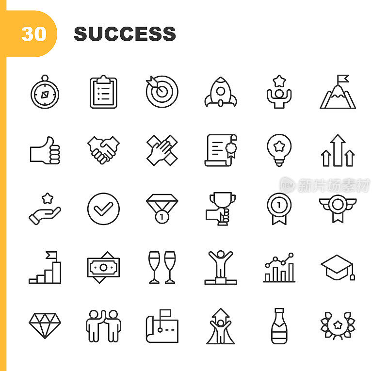 成功线图标。可编辑的中风。像素完美。移动和Web。包含商业、职业、社区、核心价值观、友谊、目标、成长、握手、投资、领导力、管理、动机、战略、团队合作等图标。