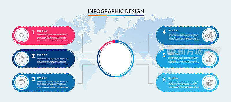 信息图表设计的六个步骤。信息图表在六边形平面设计中，孤立在白色背景上
