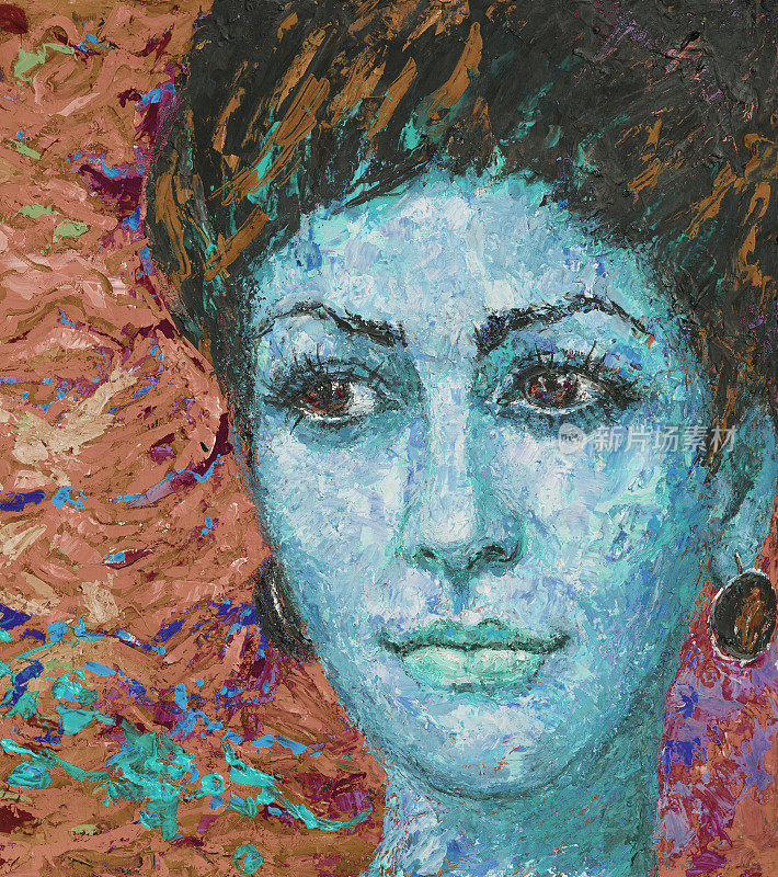 插图油画肖像的女人与深褐色的黑发