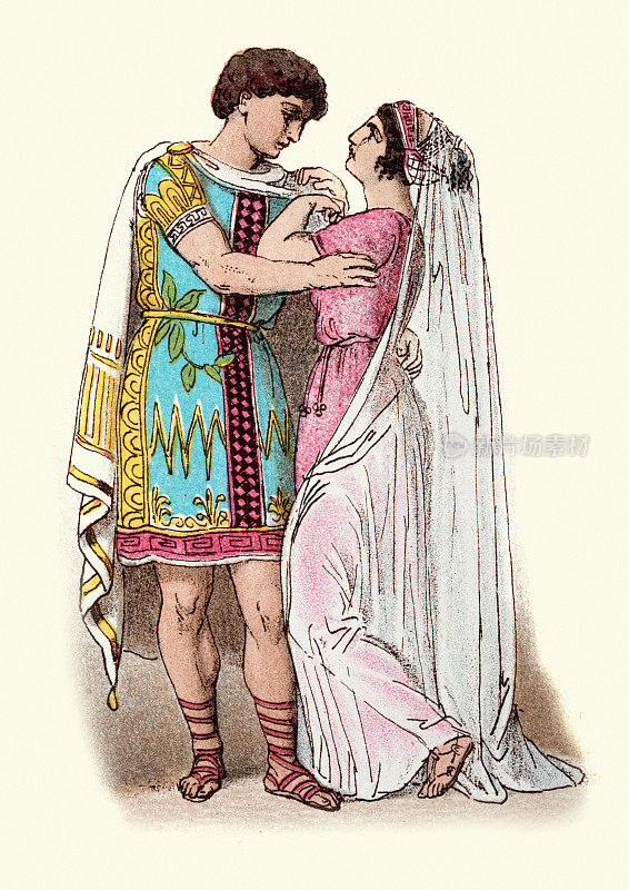 复古插图，古希腊，新娘和新郎，时尚史，希腊