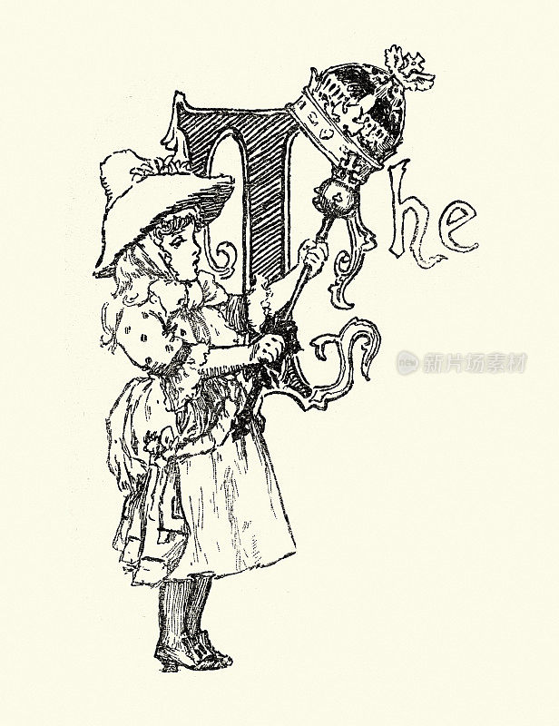 复古插图大写字母T，小公主，维多利亚儿童书籍插图，19世纪