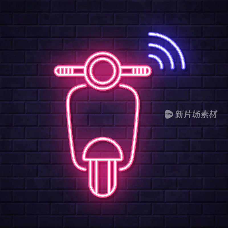 联网摩托车。在砖墙背景上发光的霓虹灯图标