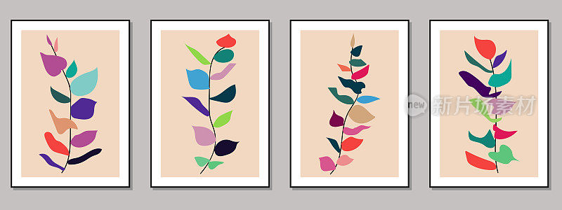矢量颜色新潮时尚手绘树枝和树叶植物艺术画廊壁纸海报卡片模板集设计背景