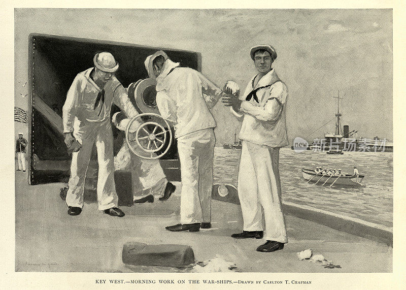 军事历史，美国海军水手，基韦斯特，军舰上的早晨工作，美西战争，19世纪90年代