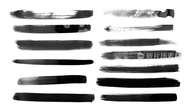 一套黑色的垃圾纹理油漆画笔笔触在矢量-抽象不均匀不完美的线条画的墨水孤立在白纸背景-原始图案刷模板-股票插图