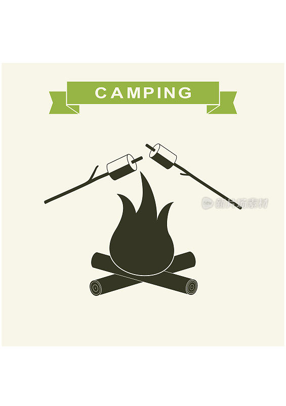 篝火与棉花糖图标。野营烧烤持平。户外篝火之夜。