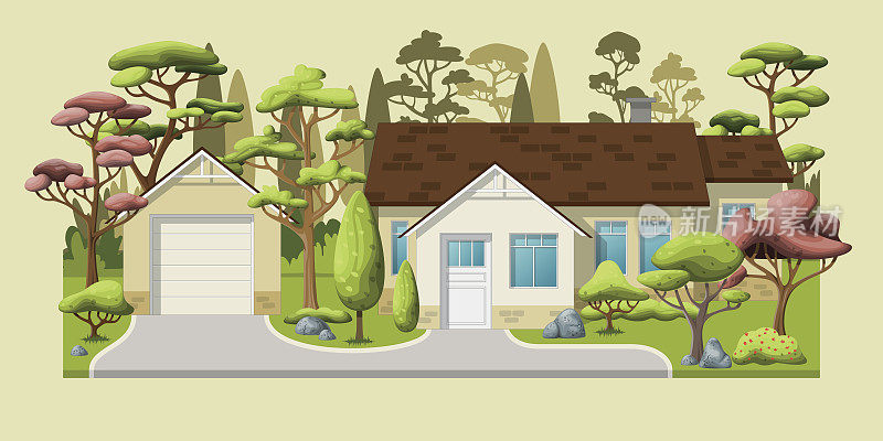 一个有树的经典家庭住宅的插图