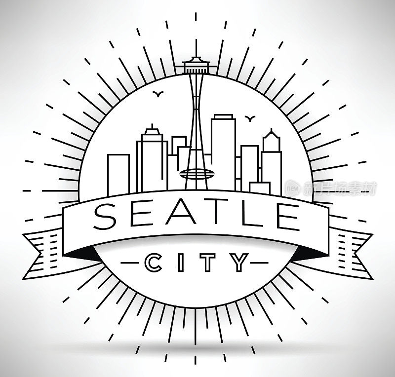 线条西雅图城市剪影与排版设计