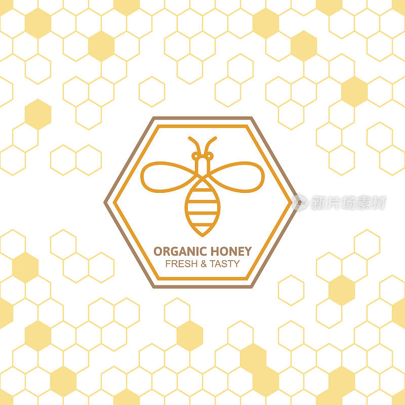 轮廓蜜蜂矢量符号和无缝背景与蜂巢。