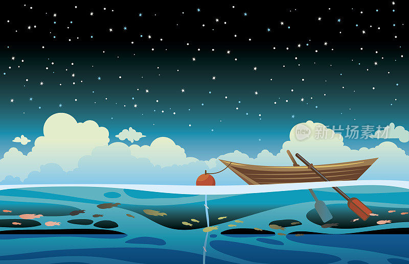 海景-木船，大海，夜空。