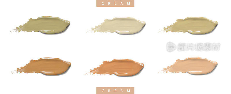彩妆粉底液用不同的颜色涂抹涂抹。在白色的背景上制造孤立的飞溅涂抹。