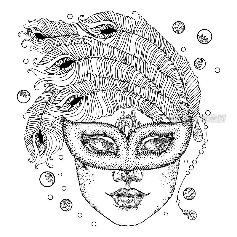 矢量女人的脸在点缀着狂欢节面具与轮廓孔雀羽毛和珠子在黑色孤立在白色的背景。