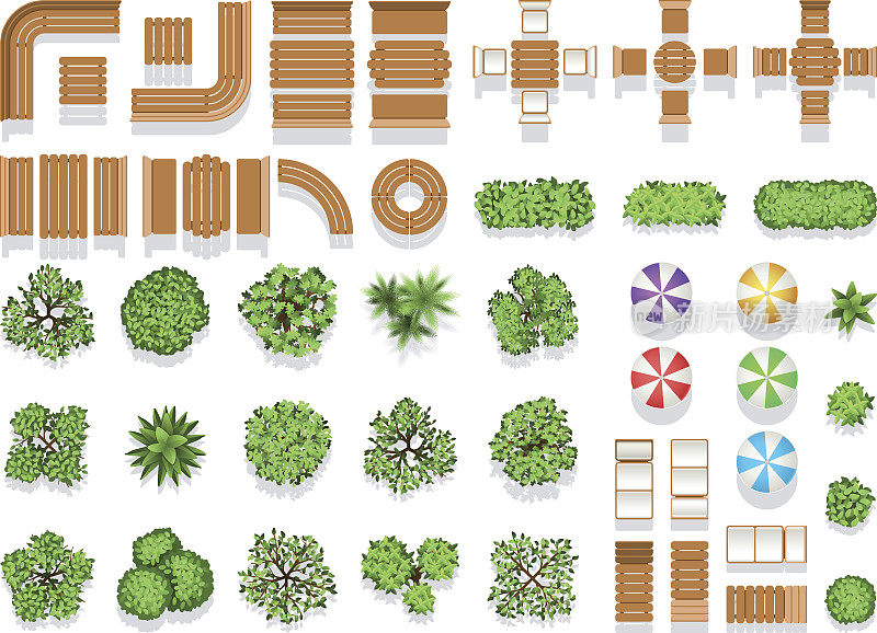 顶景园林建筑城市公园规划矢量符号、木凳和树木