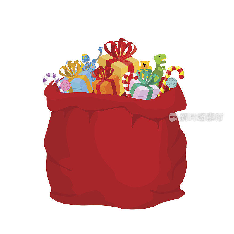 袋子里装着圣诞老人的礼物。大红色节日包。