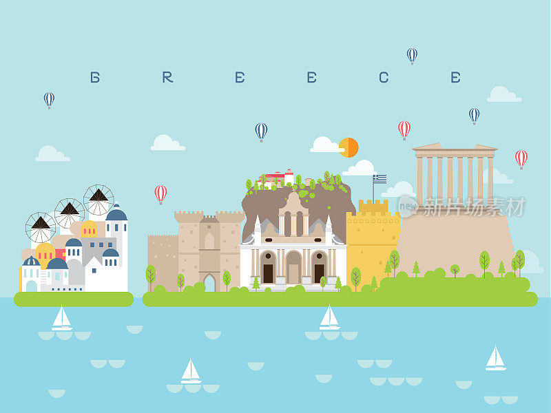 希腊地标旅游和旅程矢量