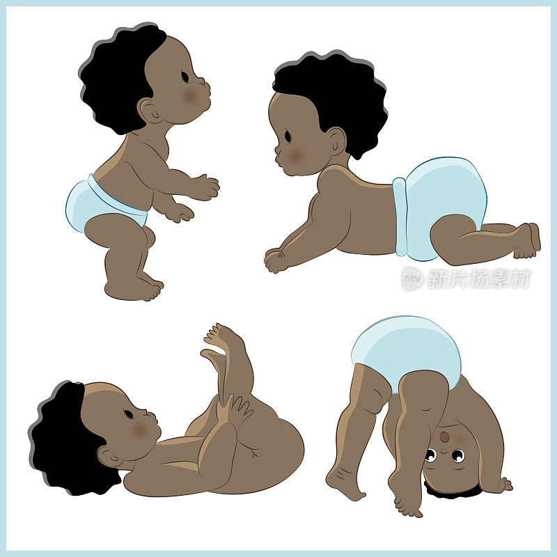 一套向量插图与可爱的黑色小新生儿。黑皮肤，黑眼睛。非洲裔美国人的孩子。白色背景