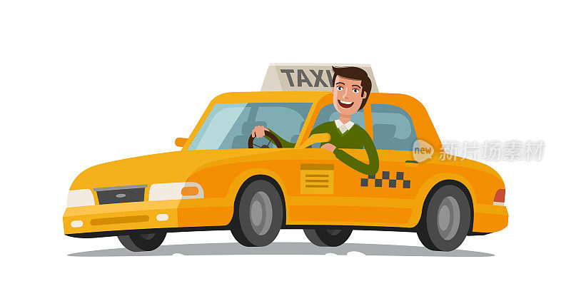 出租车司机的概念。汽车、交通工具、运输工具、转运标志或图标。矢量图
