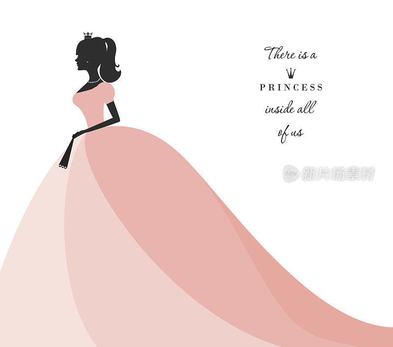 美丽的公主剪影在柔和的粉红色连衣裙。孤立在白色的。可用于新娘送礼会邀请。