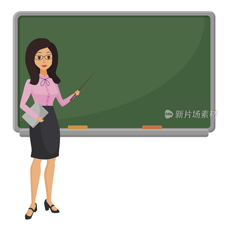 在中学、学院或大学教室里，年轻的女教师在黑板旁教学生。平面设计卡通女性人物。