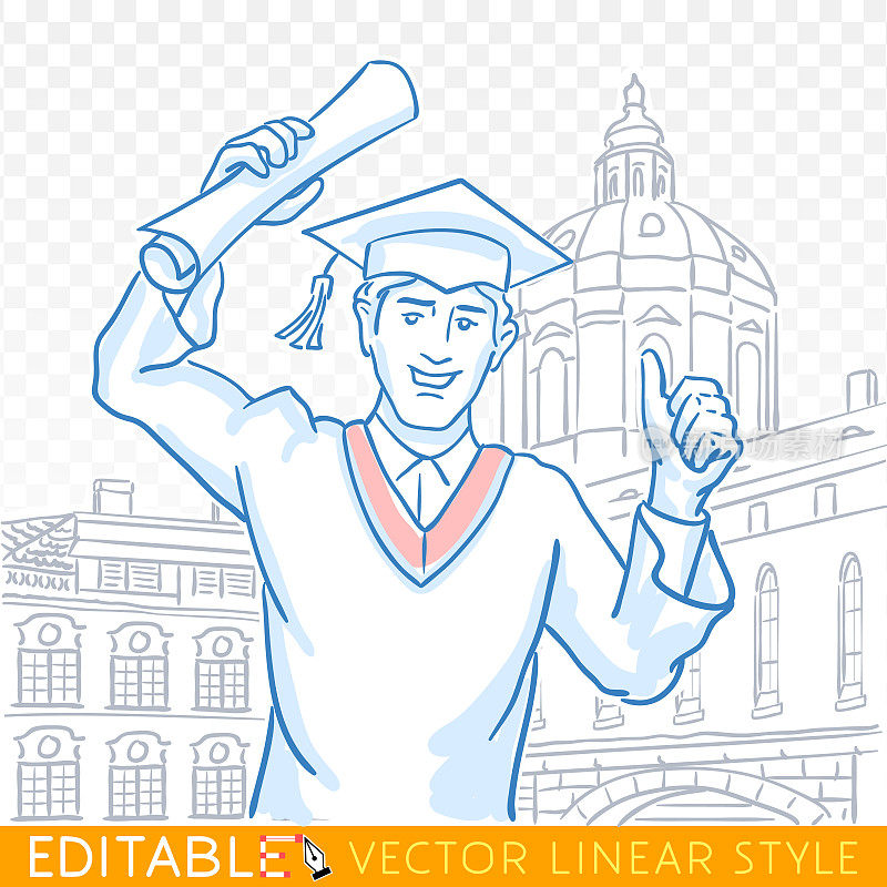 教育，毕业，手势和人们的观念——快乐的学生戴着学士帽，学士学位服，竖起大拇指。可编辑的草图在蓝色墨水风格。手绘矢量图