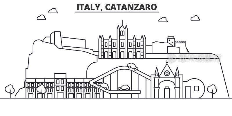 意大利，卡坦扎罗建筑线天际线插图。线性向量的城市景观与著名的地标，城市景观，设计图标。风景与可编辑的笔触