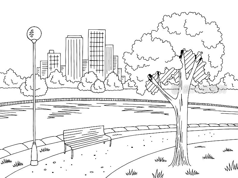 公园河图形黑白景观素描插图矢量