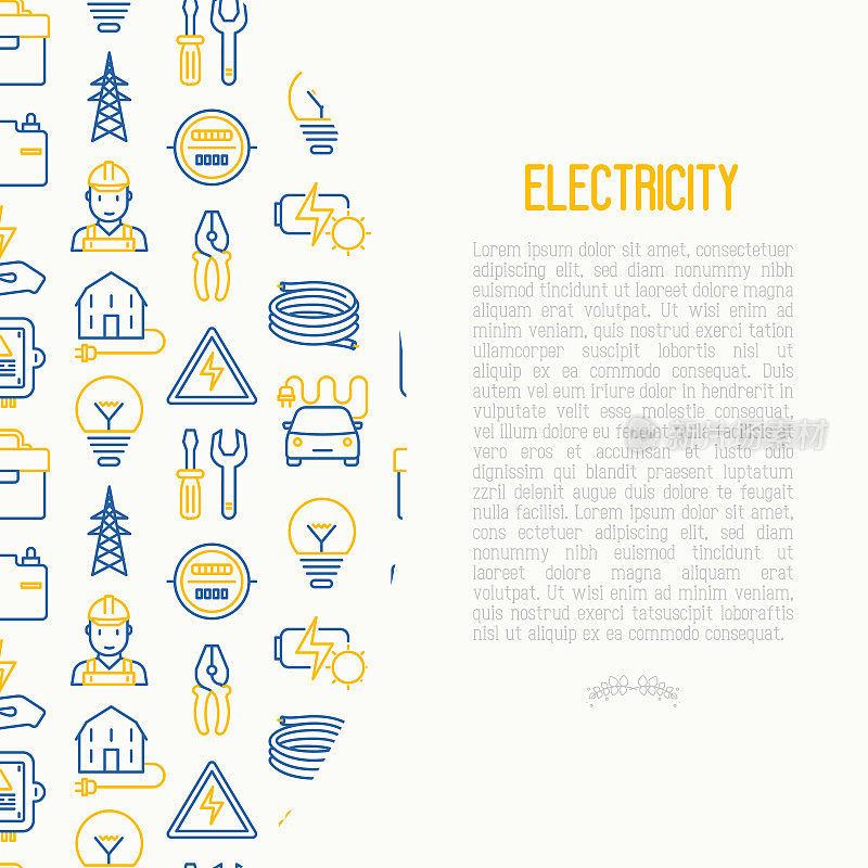 电学概念与细线图标:电工，灯泡，塔，工具箱，电缆，电动车，手，太阳能电池。矢量插图的旗帜，网页，印刷媒体。