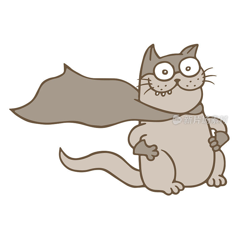 穿着面具和雨衣的卡通猫超级英雄。矢量插图。