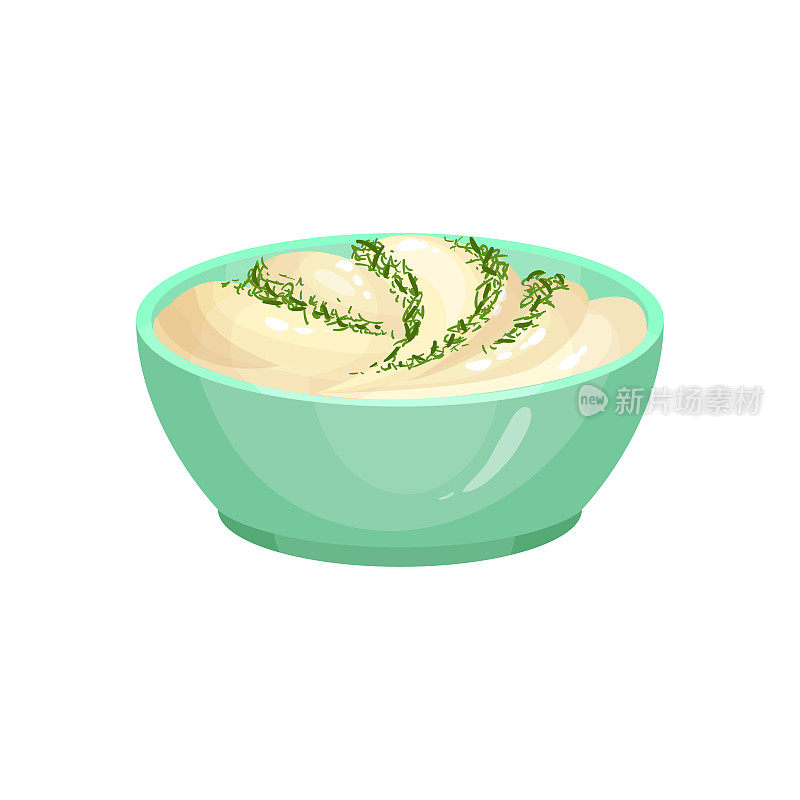 新鲜的蛋黄酱与绿色香草在绿松石陶瓷蘸碗。调味菜用的奶油酱。烹饪主题。烹饪原料。彩色平面矢量设计