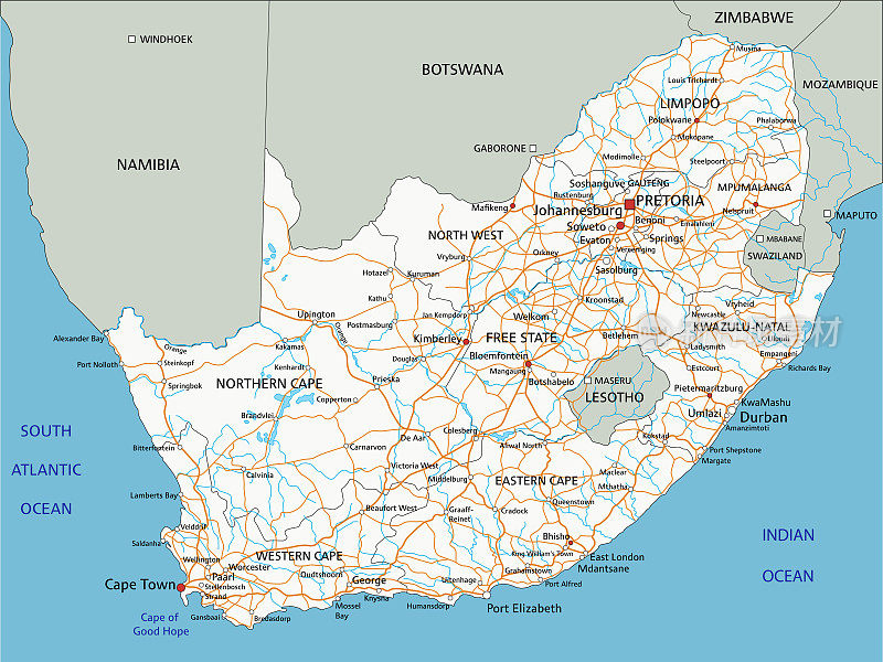 高度详细的南非路线图与标签。