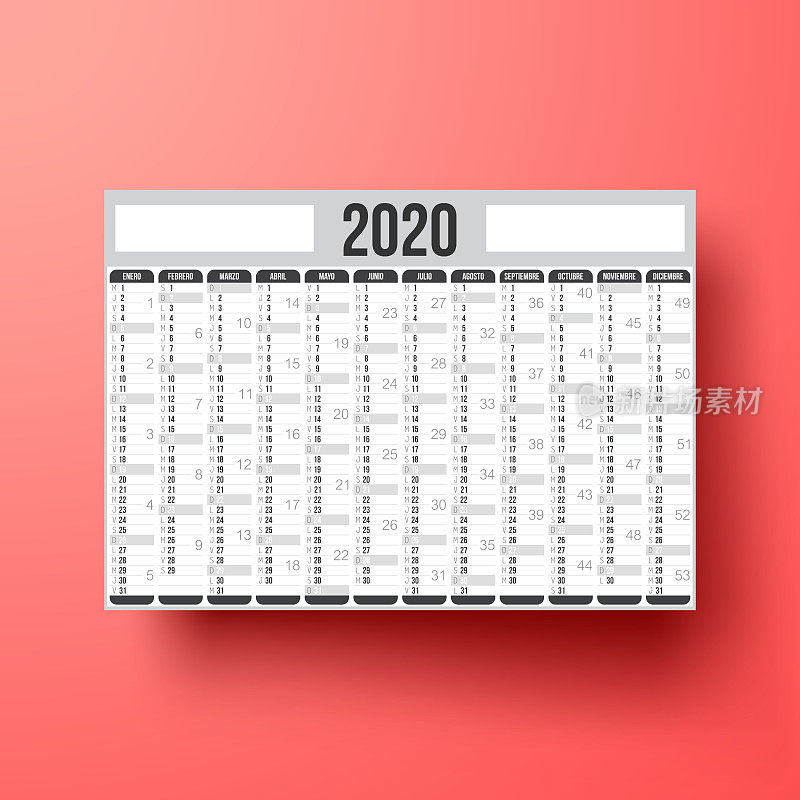 西班牙2020年日历孤立在红色背景上