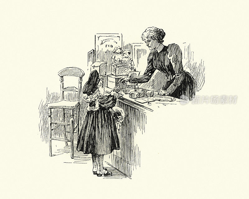 小女孩在当地的商店买东西，维多利亚时代，19世纪