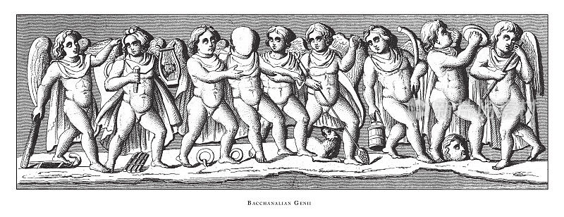 酒神的神祗和神话人物雕刻古董插图，出版于1851年